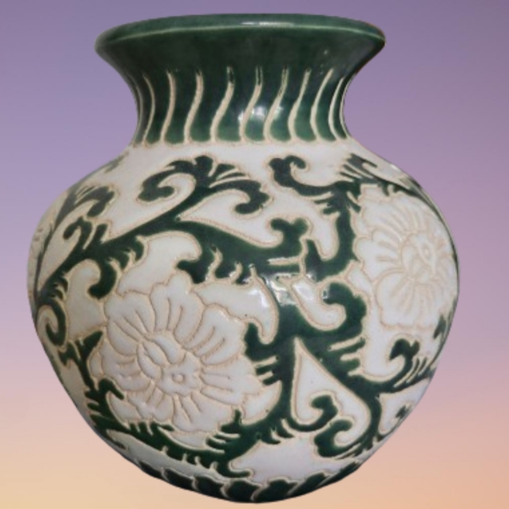 Vintage Glazed Ceramic Vase 7" White Cream Green Vietnam